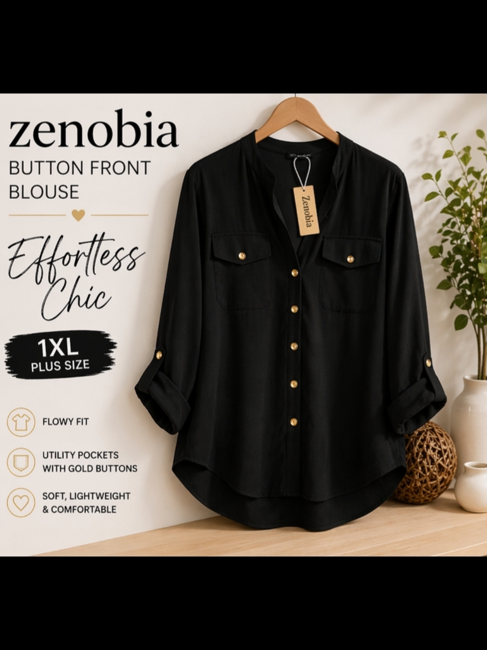 NWT Zenobia Black Utility Blouse 1XL Gold Button Roll Tab Sleeve Plus Size